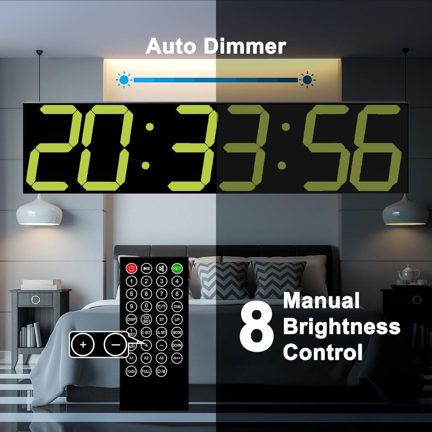 Digital Wall Clock, Oversize Digital Clock with Auto Dimmer, Huge Countdown Timer with Remote Control, 27" Wide Led Display, 6 Digits, Wall Mount, Date and Temperature（Yellow）
