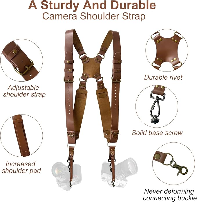 Double Camera Strap, Shoulder Camera Strap Harness Leather Dual Camera Strap - Image 3