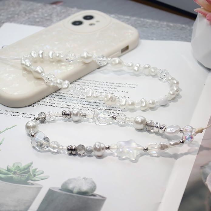 CMVFYL Beaded Camera Wrist Strap, Cute Phone Charms Strap, Pearl Bracelet Wrist - Image 2