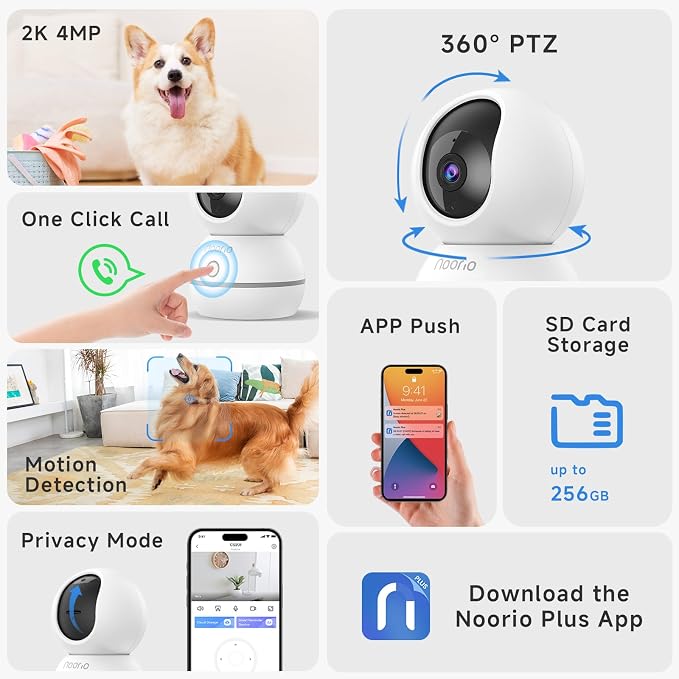 Noorio Security Camera Indoor, 4MP UHD Pet/Dog Camera 360-Degree - Image 2