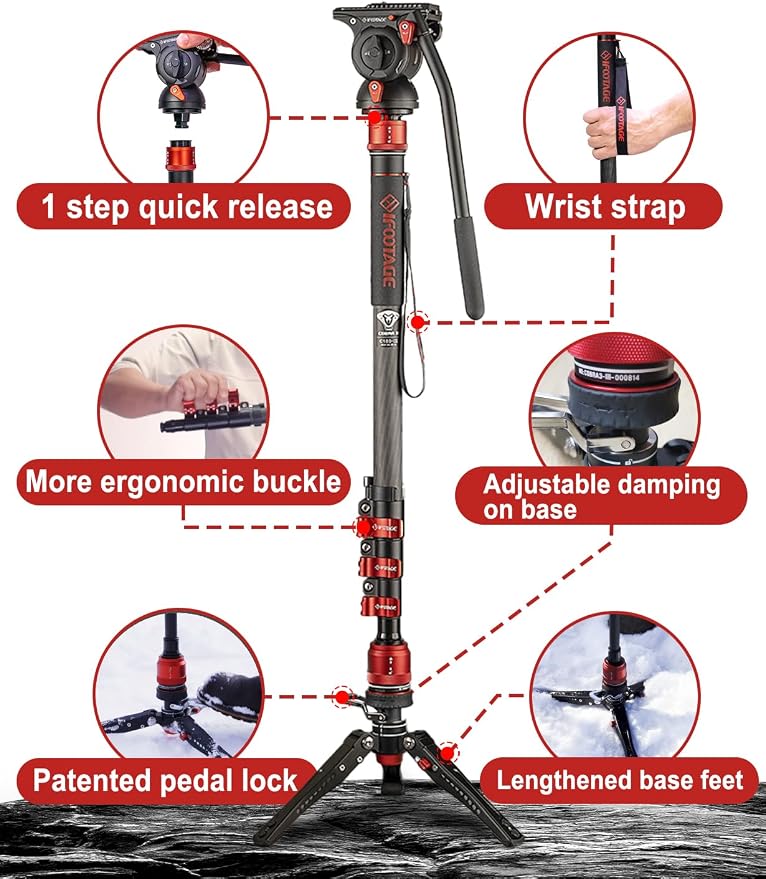 IFOOTAGE Monopod Cobra 3 C180F-P, 1/4'' & 3/8'' Quick Release Compatible - Image 9