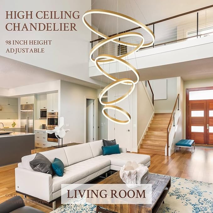 5-Rings D31.5in Modern LED Chandelier Gold Dimmable High Ceiling Chandeliers - Image 5