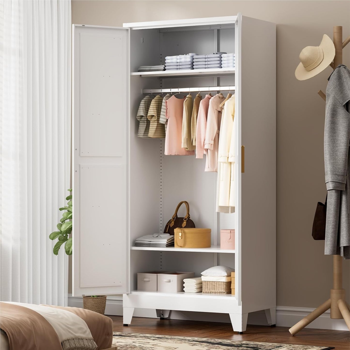 71" Tall Metal Wardrobe Closet with Adjustable Shelves and Hanging Rod, 2 Doors Free Standing Armoire Wardrobe Cabinet for Bedroom, Office, Laundry Room, White