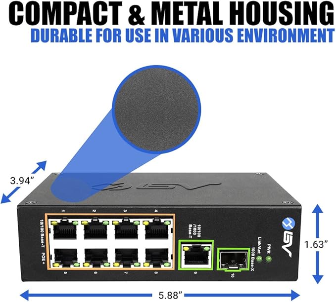 BV-Tech 8-Port Industrial PoE+ Switch | 2X 90W BT, Gigabit Uplink & SFP | PoE - Image 4