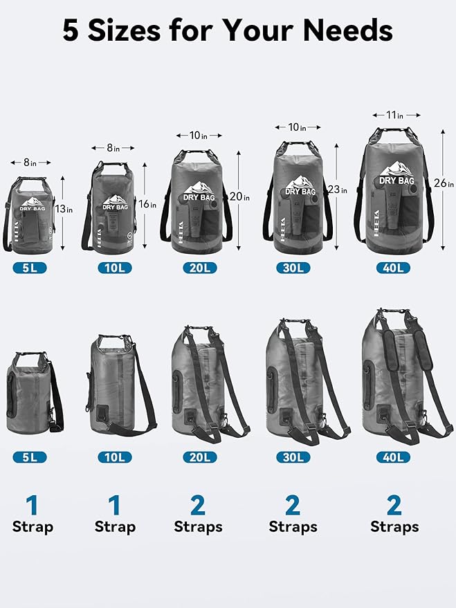 HEETA Dry Bag Waterproof for Women Men, 5L/10L/20L/30L/40L Roll Top Lightweight - Image 2