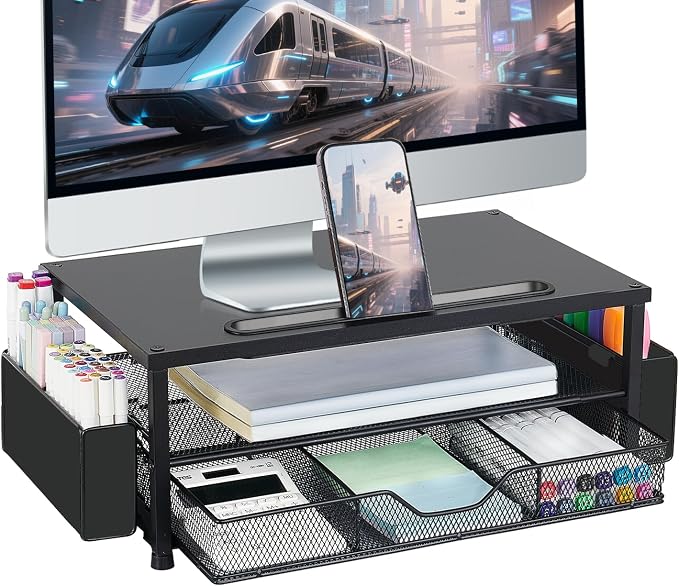 AUPSEN Wood Computer Monitor Stand Riser, 2-Tier Black Desk Organizer by AUPSEN