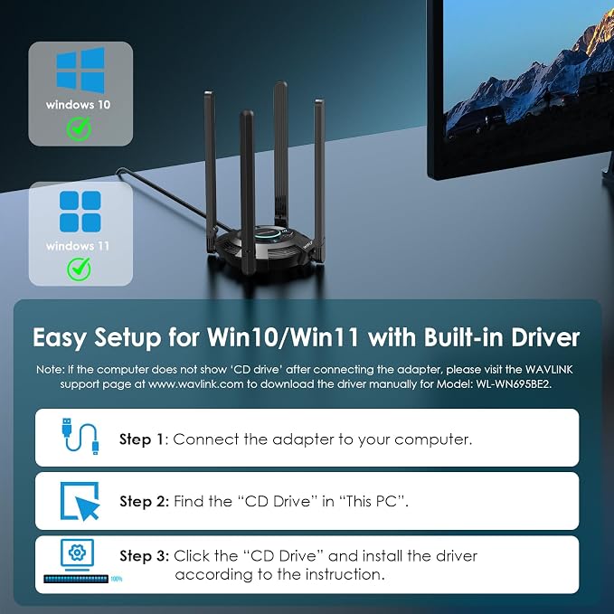 USB WiFi Adapter for Desktop PC, WAVLINK Tri-Band BE6500 WiFi 7 Adapter - Image 6