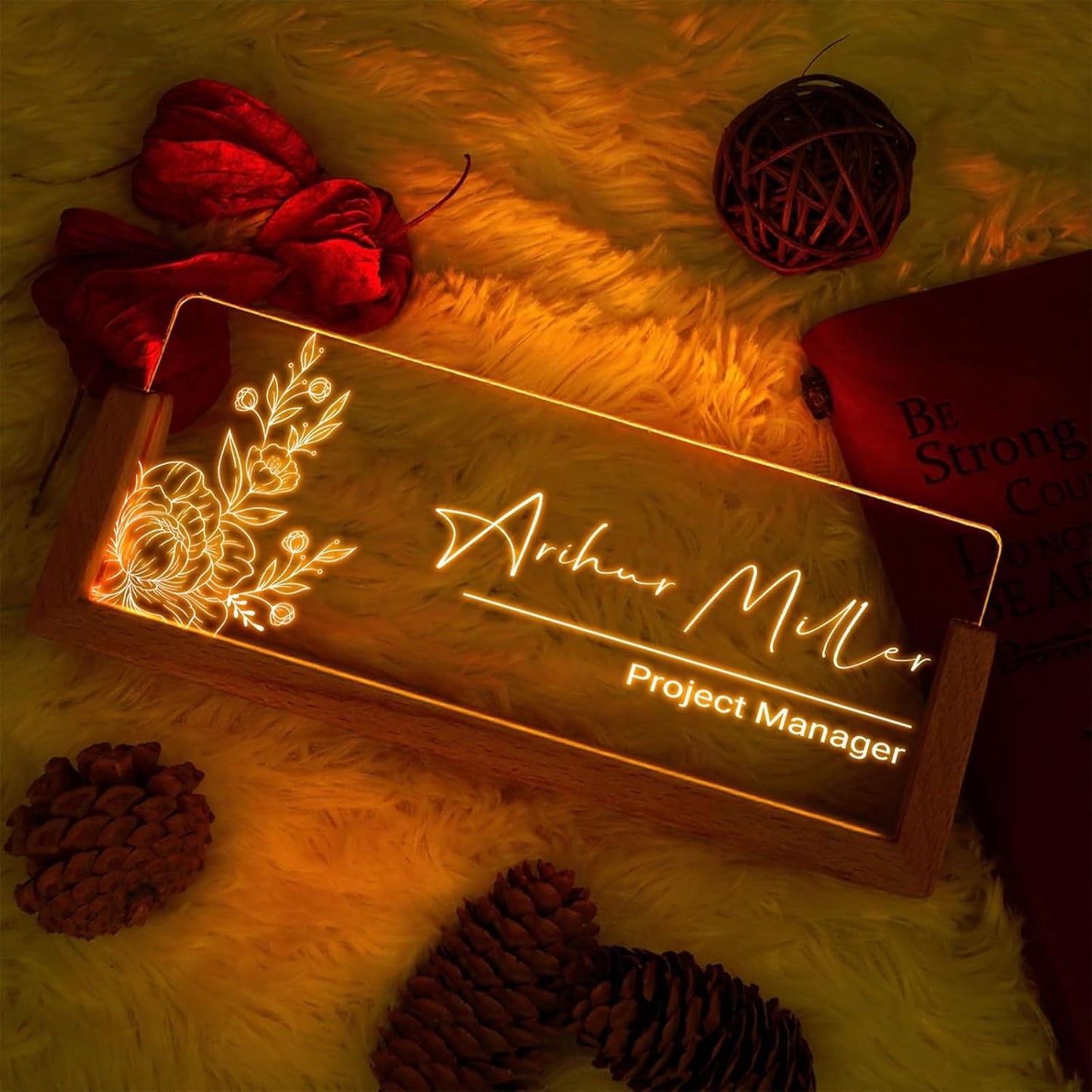 Custom Name Plate for Desk with Light Up Acrylic & Wooden Base - Personalized Office Sign for Teacher, Boss, Coworker - Employee Appreciation Gift for Educators Professionals