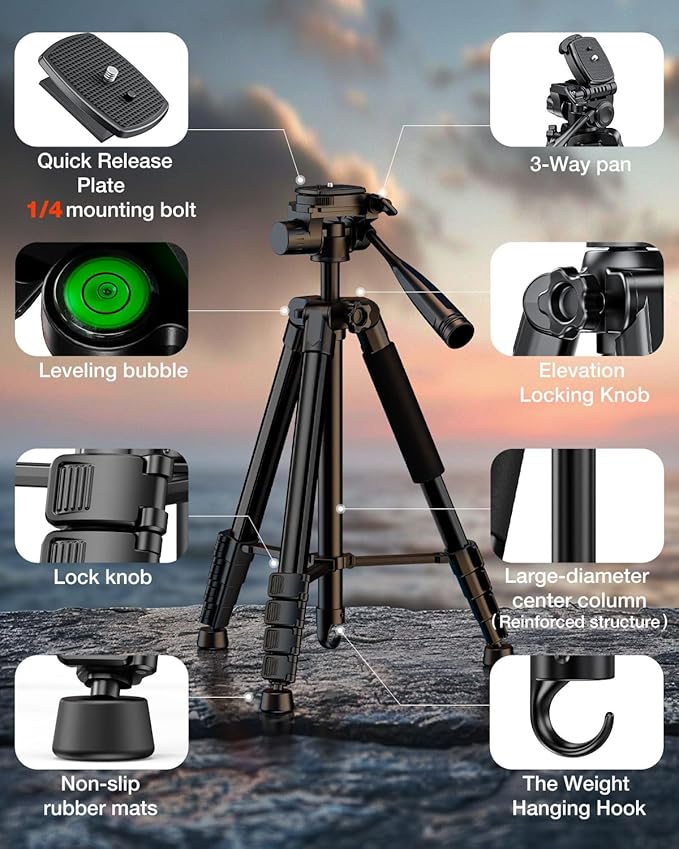 73" Camera Tripod for Camera and Phone, Aluminum Travel Tripod for iPhone - Image 6