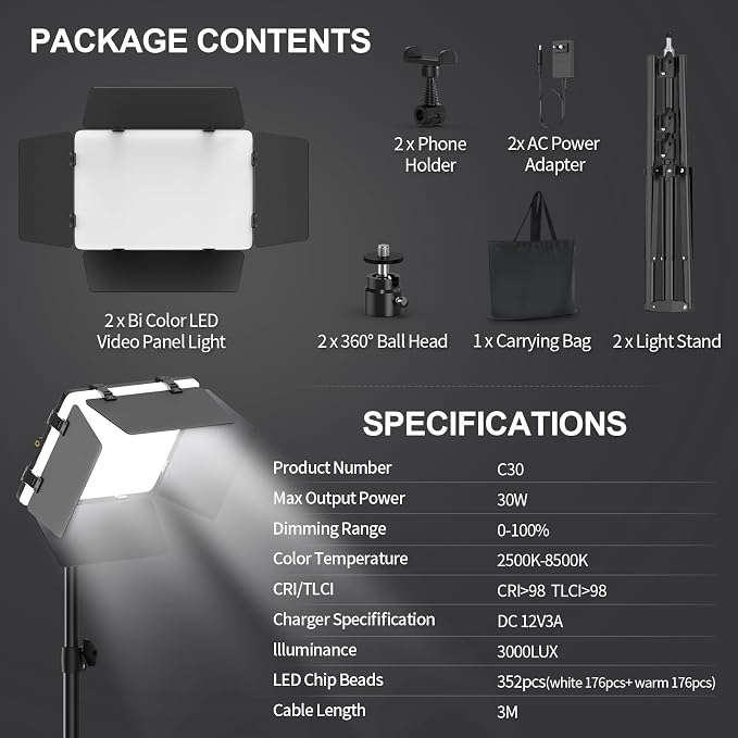 2 Pack LED Video Light with Barndoor, 30W Photography Lighting with Tripod Stand - Image 5