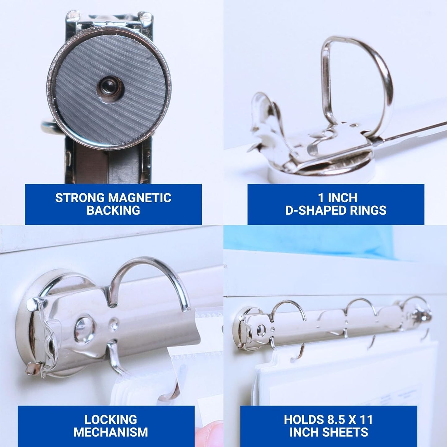 Magnetic 3 Ring Binder Locking Mechanism – 10 Pack – for Hanging 8.5 x 11 Inch Sheets of Paper – 3 Rings – 1 Inch D Shaped Rings – 5S Visual Aid - 50 Sheet Protectors Included