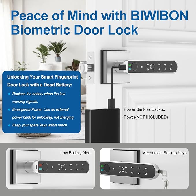 BIWIBON Fingerprint Door Lock, 5 in 1 Finger Print Door Knob - Image 6