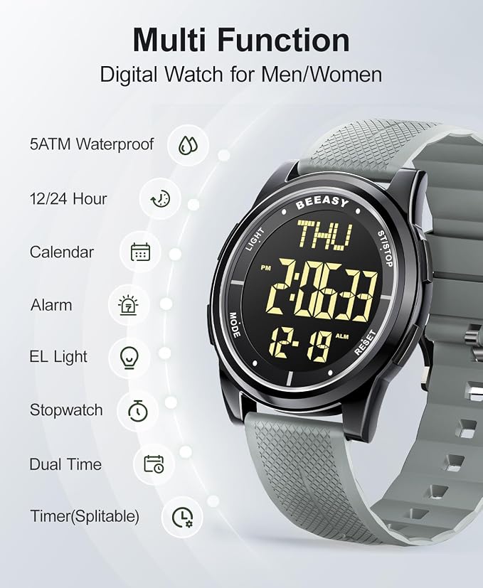 Beeasy Digital Watch for Men Women, 50M Waterproof, Ultra-Thin & Lightweight - Image 3