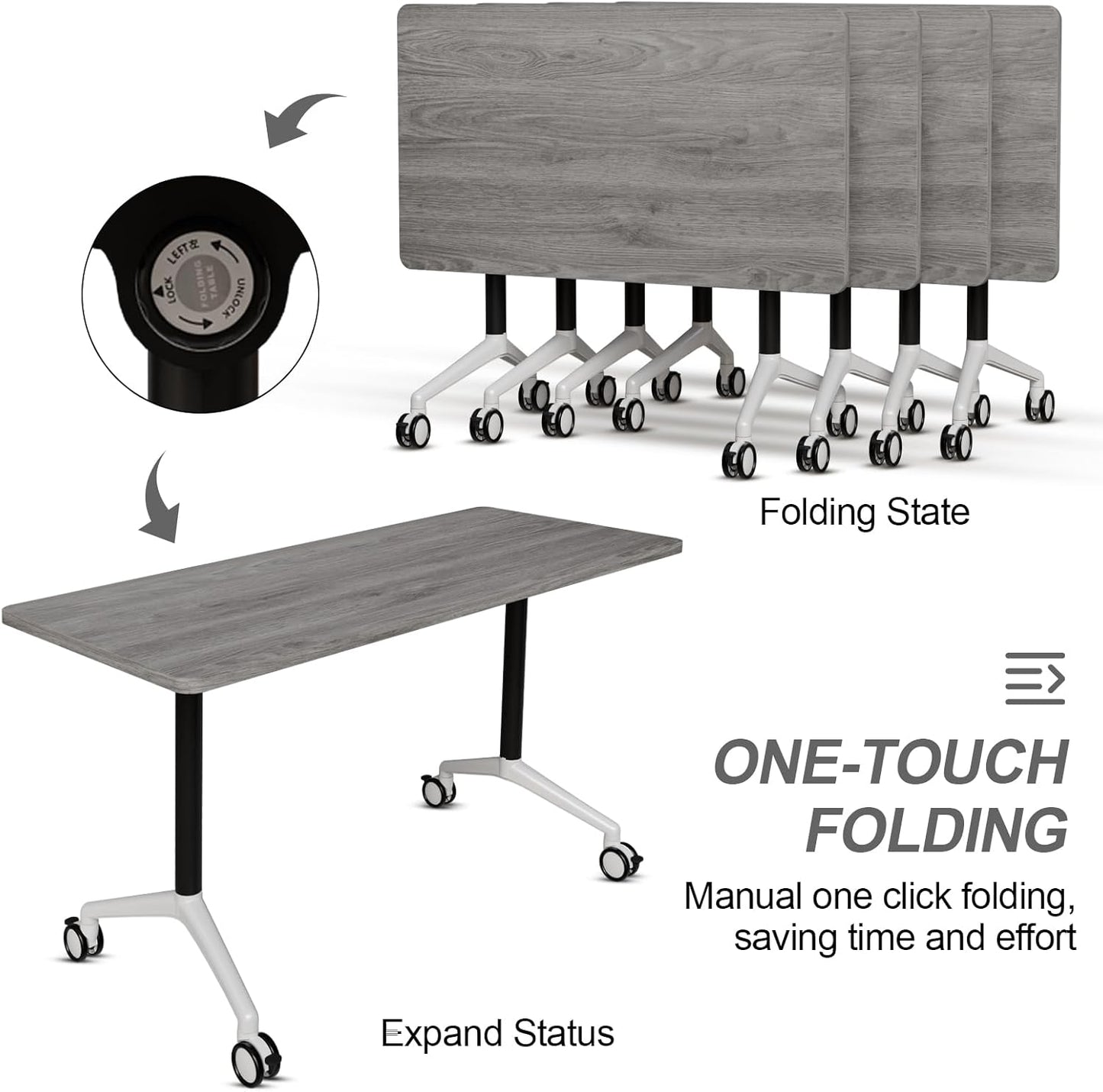 Folding Conference Table, Modern Large Conference Room Tables with Flip-Top Design, Foldable Conference Table Meeting Table with Wheels, Mobile Seminar Training Tables for Office Classroom (2, Oak)