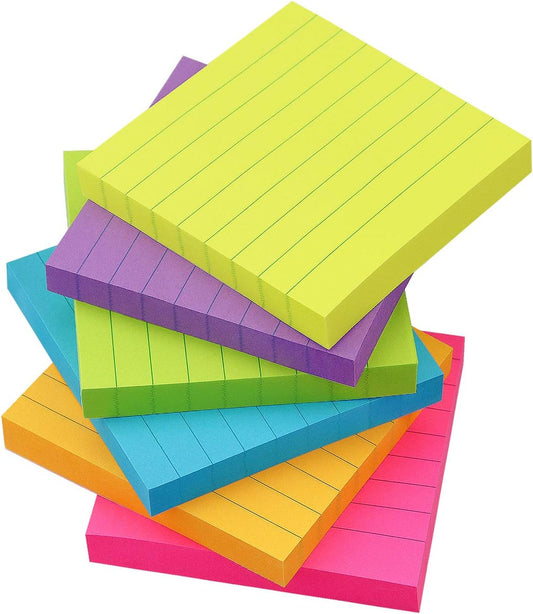Lined Sticky Notes 3x3 inch Bright Colors Self-Stick Pads 6 Pads/Pack 90 Sheets/Pad Total 540 Sheets