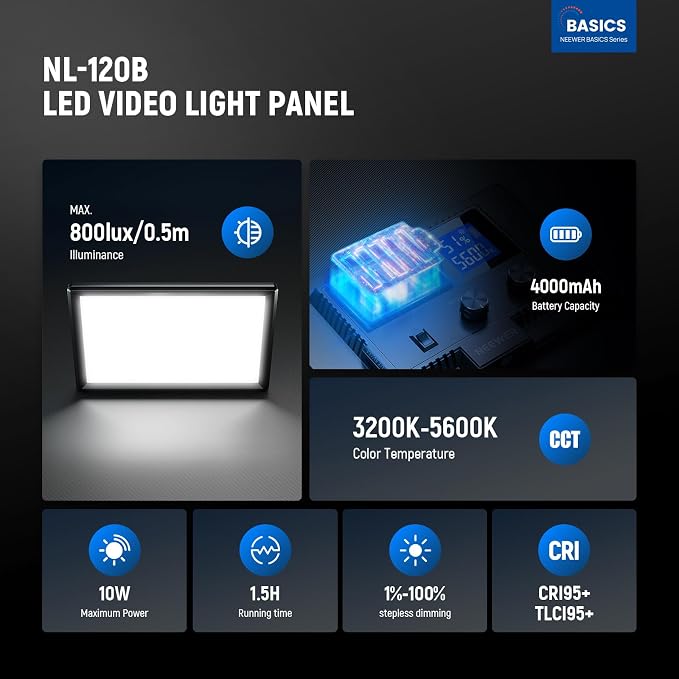 NEEWER Basics 9" LED Video Light Panel, 3200-5600K Edge Lit Dimmable Camera - Image 2