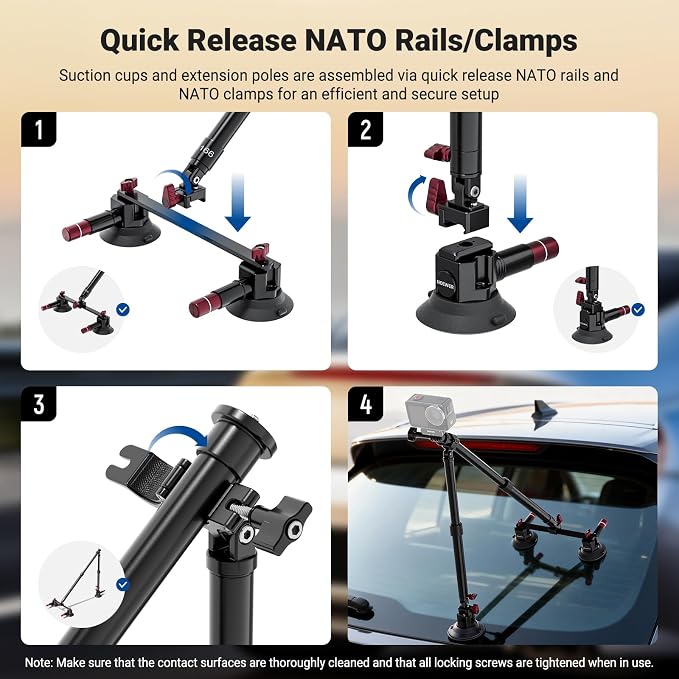 NEEWER Triple Suction Cup Car Mount Kit, Two 24" Aluminum Alloy Extension Poles - Image 6