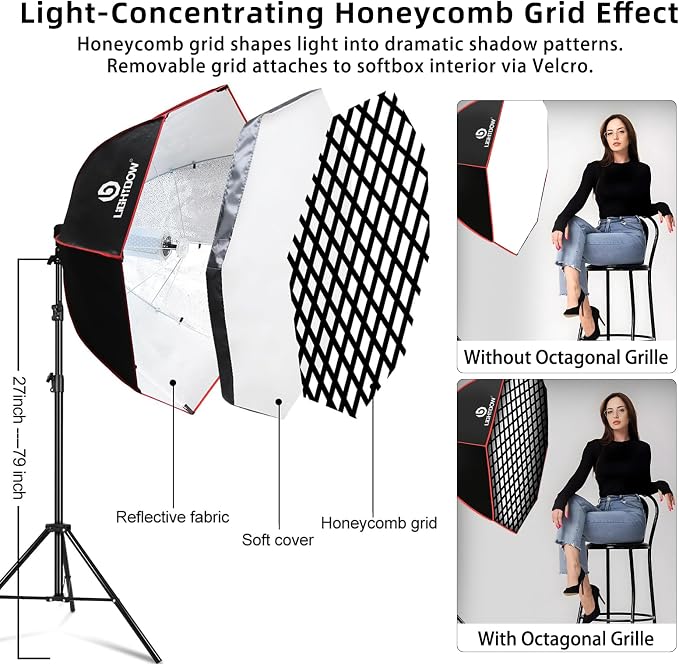 Light Box Photography Lighting Kit:37" Octa Softbox, Honeycomb Grid, 110W LED - Image 4