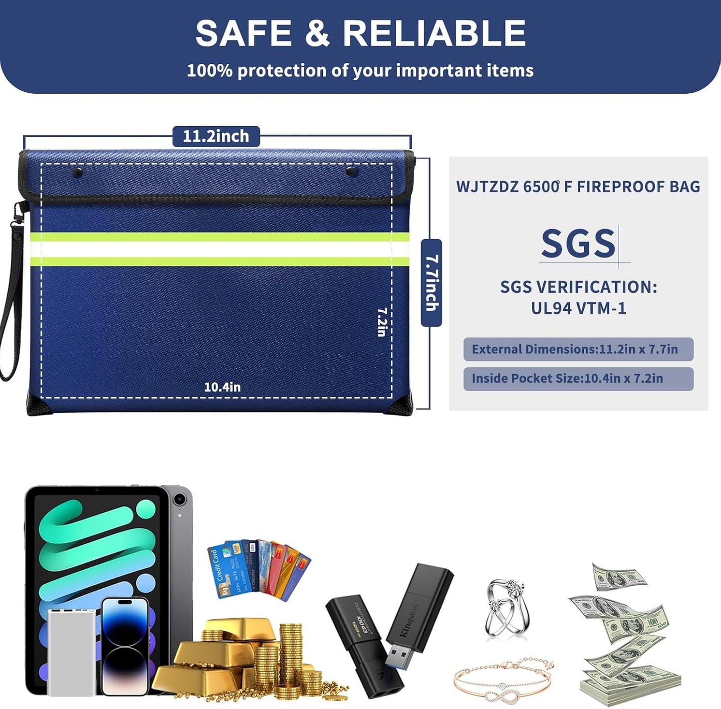 Upgraded Fireproof Money Bag,10 Layers of Heat Insulated Materials,6500°F Fireproof Bag with Waterproof Zipper/Reflective Strip with Handle for Cash,Important Documents（Not Suitable for A4 Files）