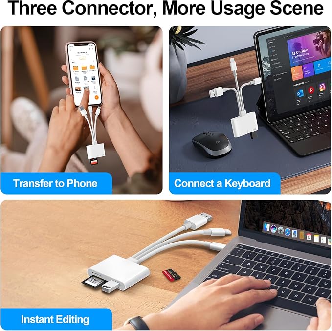 SD Card Reader for iPhone iPad Mac, USB C & Lightning & USB-A 3 in 1 MircoSD/SD - Image 8
