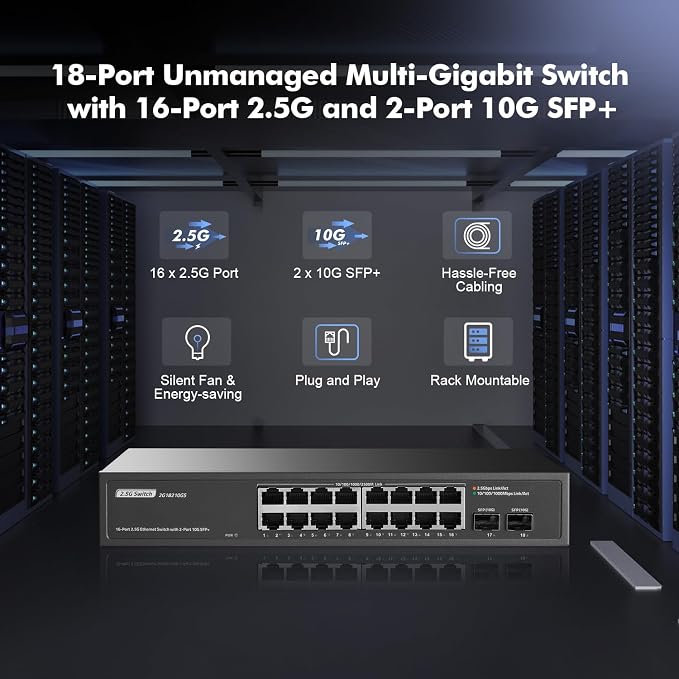 16 Port 2.5G Switch with 2x10G SFP+, 16 x 2.5G Ethernet Base-T Ports, YuLinca - Image 2