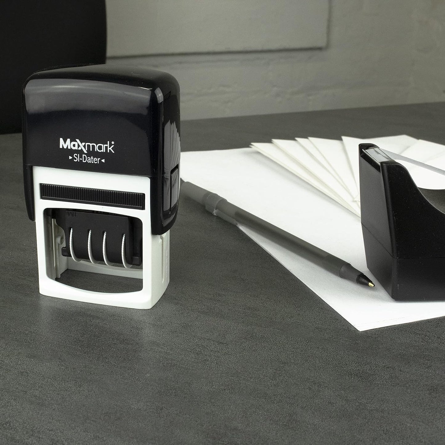 MaxMark Office Date Self Inking Stamp with 2-Line Custom Text - 1" x 1-5/8” - Choice of Ink Color