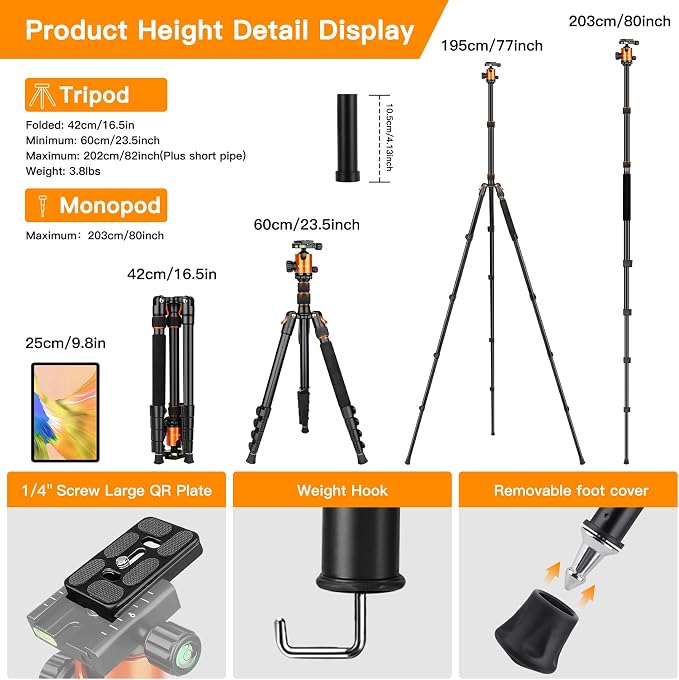 82" Tall Camera Tripod Heavy Duty, Victiv Aluminum DSLR Tripod Monopod - Image 2