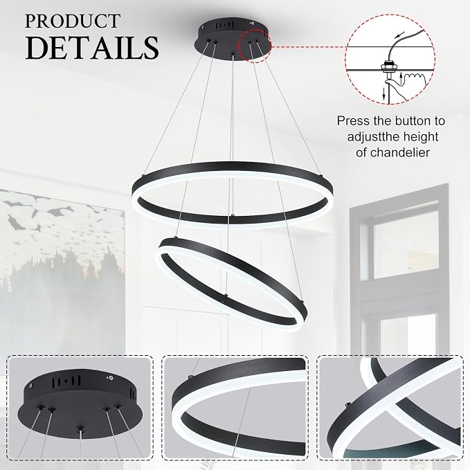 Modern LED Chandelier Black 2-Rings Pendant Light Circular Flush Mount Ceiling - Image 7