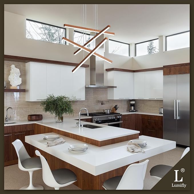 LED Linear Pendant Light for Dining Room Wood Grain Finish 4 Light LED - Image 2