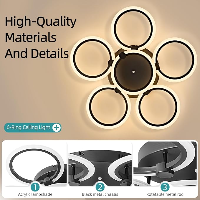 LED Ceiling Light, 6-Ring Modern Flush Mount Fixture, 77W Dimmable 3000K–6500K - Image 4