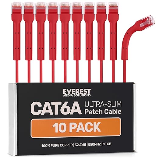 Everest Ultra Slim Cat6a Ethernet Patch Cables 1.5ft Red by EverestMediaSolutions