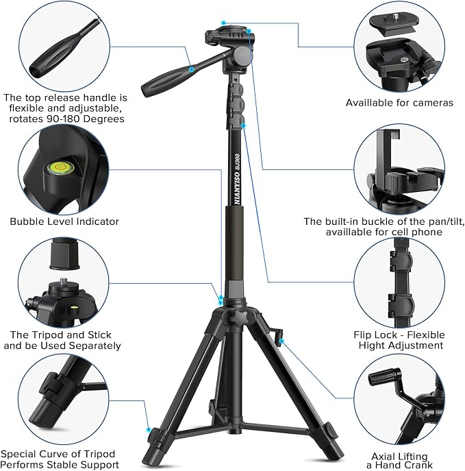 Camera Tripod 69 Inch, Patented 3-Way Swivel Portable Phone Tripod Professional - Image 5