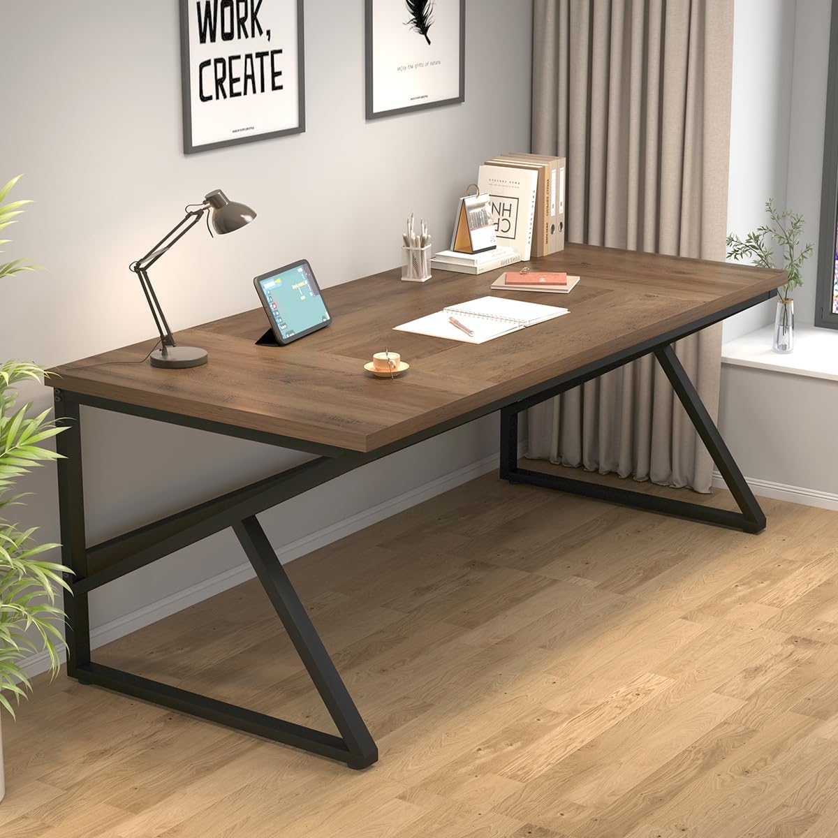 HSH Large Home Office Desk, Modern Wood Metal Computer Desk for Two Person, Extra Long Executive Writing Study Gaming Double Desk Workstation, 70 Inch Rustic Bedroom Living Room Table for 2 Monitors