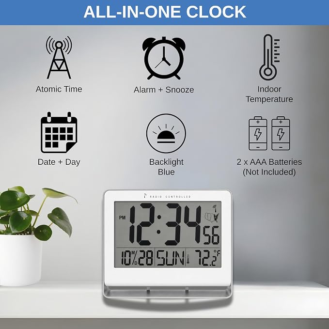 Atomic Digital Wall Clock, Battery-Operated, Large 2" LCD Numbers, Self-Setting - Image 4