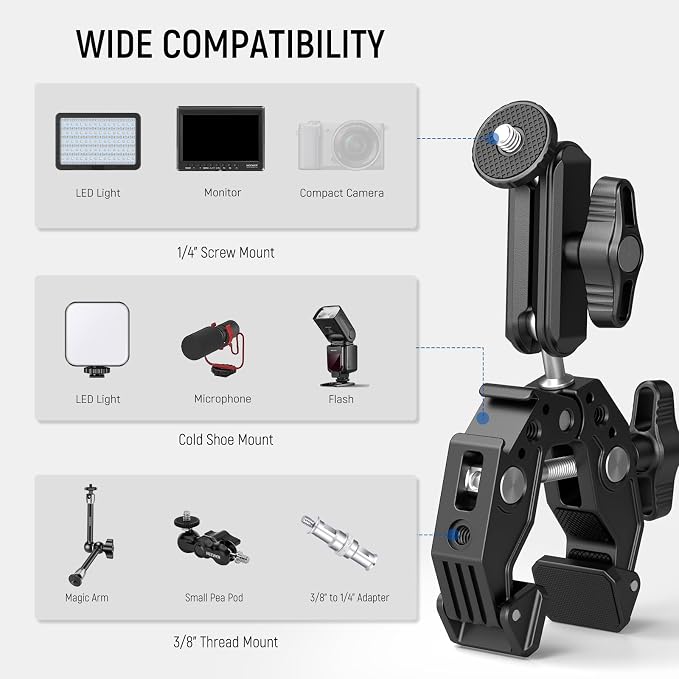 NEEWER Super Clamp with 3" Dual Ballhead Magic Arm, Cold Shoe, 1/4" Threads - Image 6