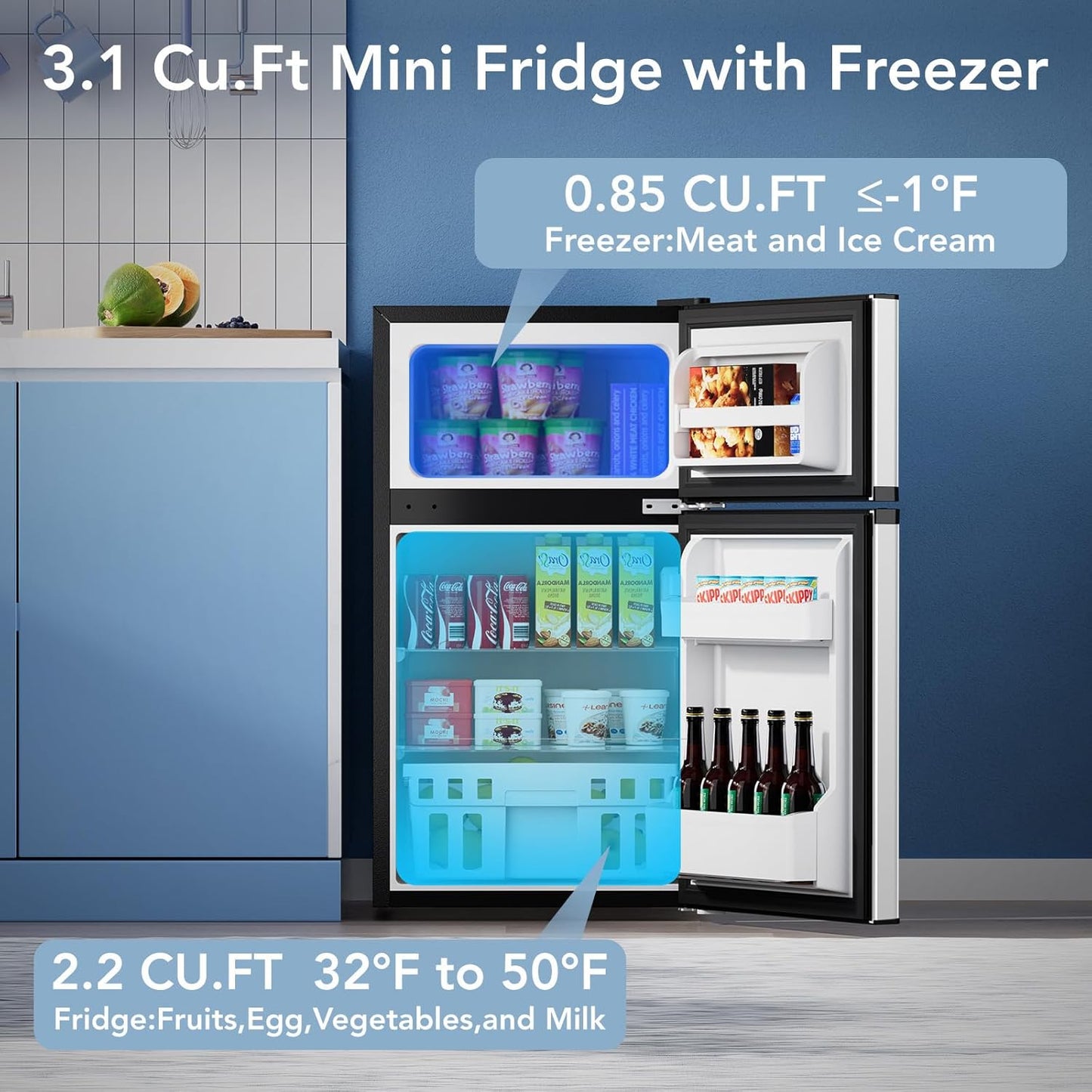 3.1 Cu.Ft Mini Fridge with Freezer, 2 Door Compact Refrigerator, Mini Fridge with Adjustable Removable Glass Shelves for Bedroom, Office, Dorm or Apartment, Stainless Steel