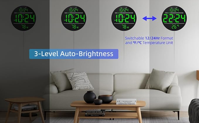 Digital Wall Clock with Large LED Display, Temperature, Auto-Brightness | Small - Image 5