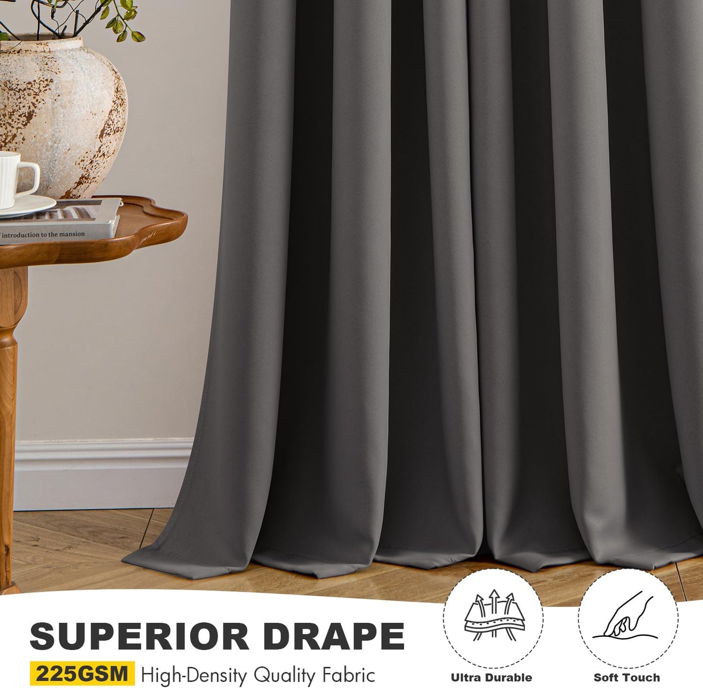 MIULEE Grey Blackout Curtains for Bedroom Living Room 63 Inches Long 2 Panels, Thermal Insulated Room Darkening Drapes Solid Grommet Top Noise Reduction Light Blocking Window Treatments 40x63 Inch