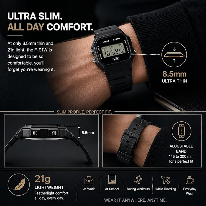 Casio F91W Series | Digital Watch | Water Resistant | LED Light | 1/100 SEC - Image 6