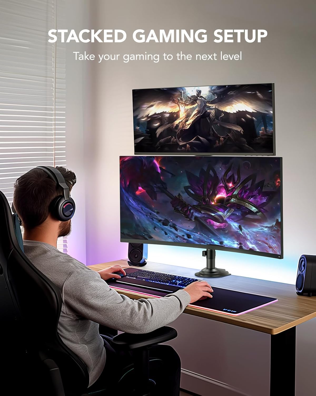 HUANUO 17-32 Inch Dual Monitor Stand, Gas Spring Dual Monitor Mount, Monitor Stand 2 Monitors, Ergonomic Adjustable Tilt/Swivel/Rotate, Weight Max 19.8 lbs, VESA 75/100mm