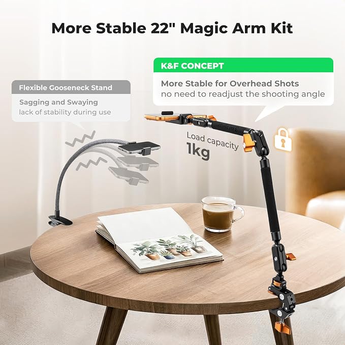 K&F CONCEPT 22" Magic Arm Clamp Kit, Overhead Desk Camera Mount, Long - Image 2