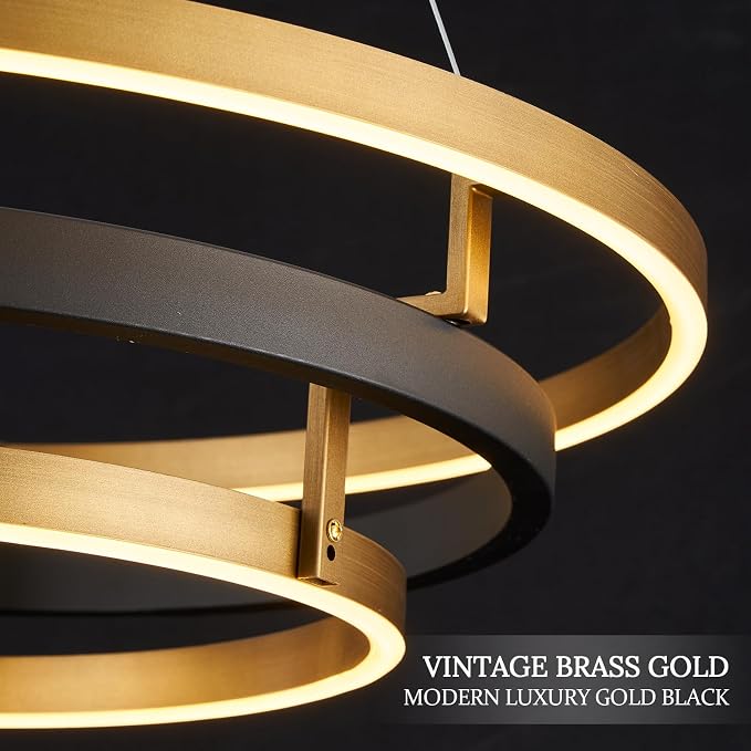 3 Ring LED Chandelier Black Gold Chandelier Light Fixture Dimmable Round Foyer - Image 3