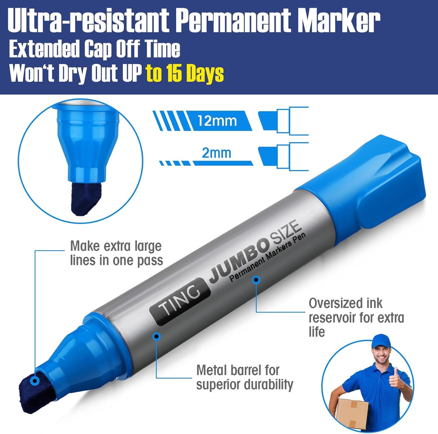 Fuutreo 10 Pack Jumbo Permanent Markers Bulk Large Chisel Tip Permanent Markers Quick Drying Waterproof Big Huge Poster Pens for Office, Logistics Company and More(Rich Color)