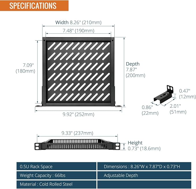 Tecmojo 0.5U Rack Shelf for 10" Server Rack & Cabinet, Adjustable 7.87-10.24" - Image 3