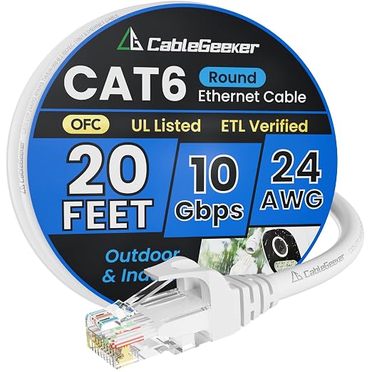 Cat 6 Ethernet Cable 20 ft, Indoor&Outdoor, High Speed 10Gbps 24AWG Pure Copper by CableGeeker