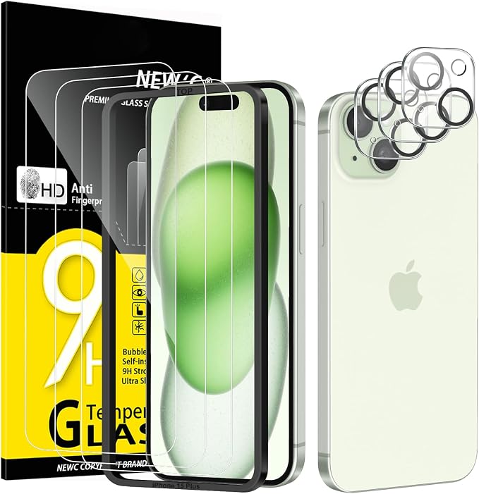NEW'C 3x for iPhone 15 Plus Screen Protector+ 3x Camera Lens Protector by NEWC