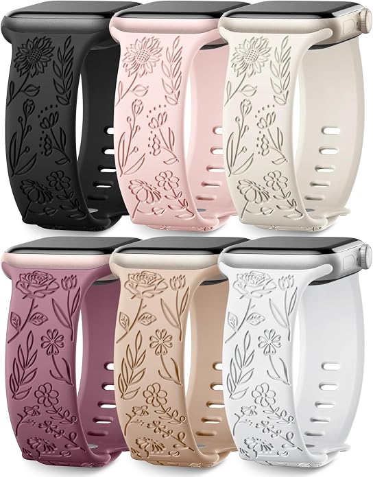 SNBLK 6 Pack Floral Engraved Bands Compatible by SNBLK