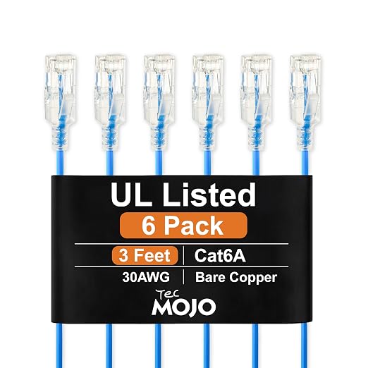 Tecmojo UL Listed Ultra-Slim Cat6a 3ft Ethernet Patch Cable, 30AWG 100% Pure by Tecmojo