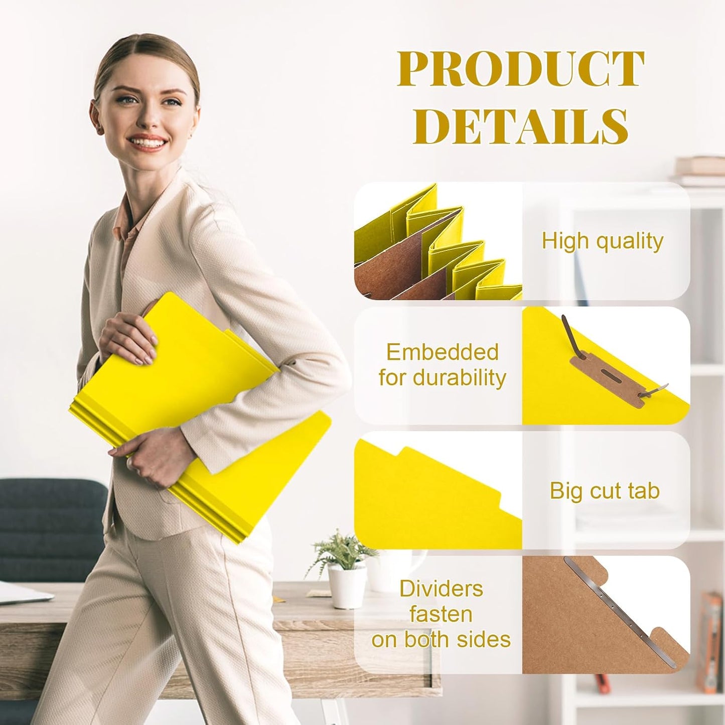 24 Pcs Classification Folders Letter Size, 3 Divider Pressboard File Folder with Fasteners, Expanding File Organizer Bulk for Teachers, Clergy, Office, Church, Christmas Donations (Yellow)