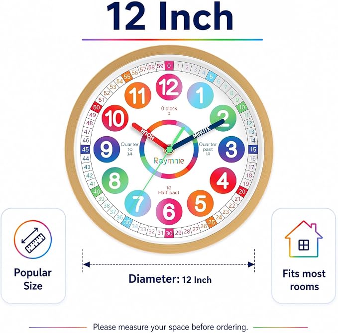 Roymnie Wall Clock Battery Operated 12 Inch Silent Non Ticking Teaching Clock - Image 9
